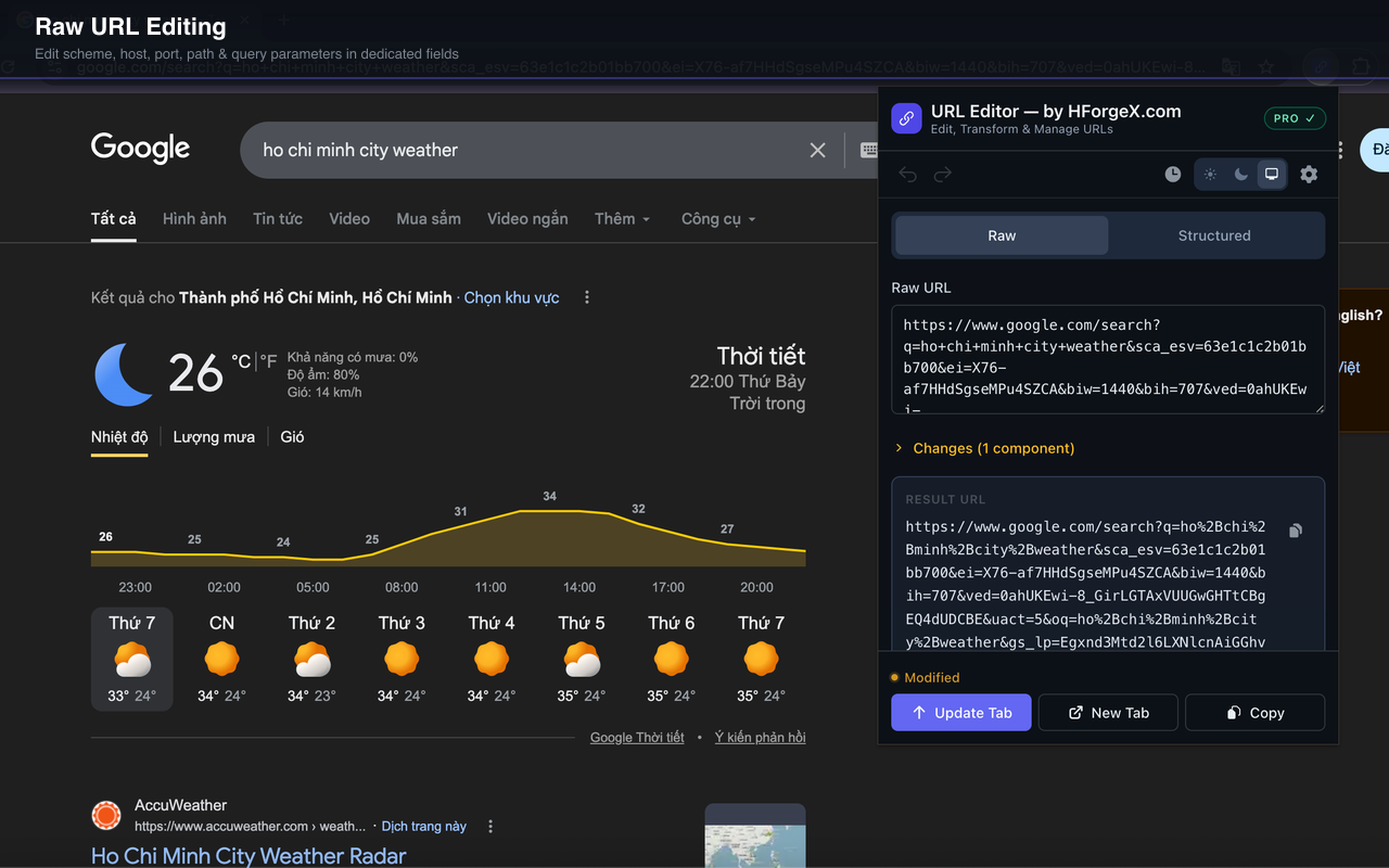 URL Editor raw editing mode showing a full URL being edited as plain text with live validation